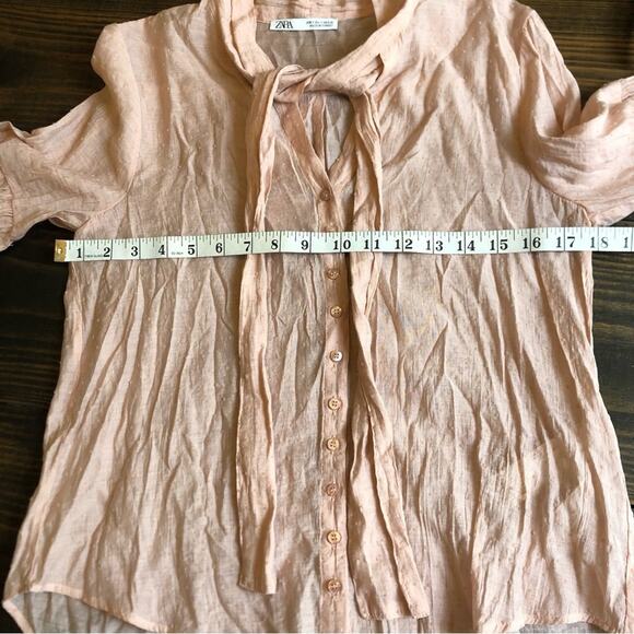 Zara Swiss Dot Tie Front Pink Blouse Women’s Small Cottagecore Sheer Romantic - Picture 8 of 15